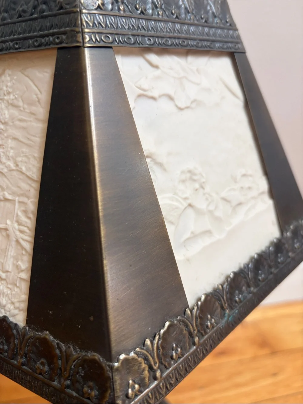 Vintage Lithophane Panel Table Lamp Cherub Angel Art Nouveau Victorian Revival